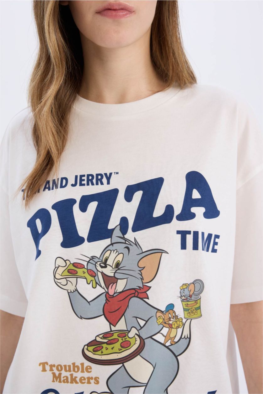 Kadın Kırık Beyaz Tom & Jerry Oversize Geniş Kalıp Bisiklet Yaka Kısa Kollu Tişört