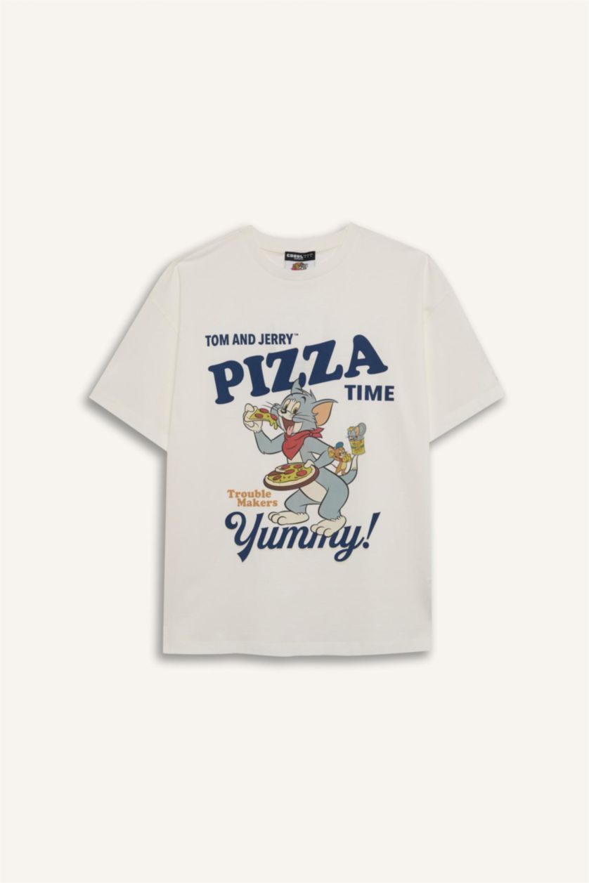 Kadın Kırık Beyaz Tom & Jerry Oversize Geniş Kalıp Bisiklet Yaka Kısa Kollu Tişört