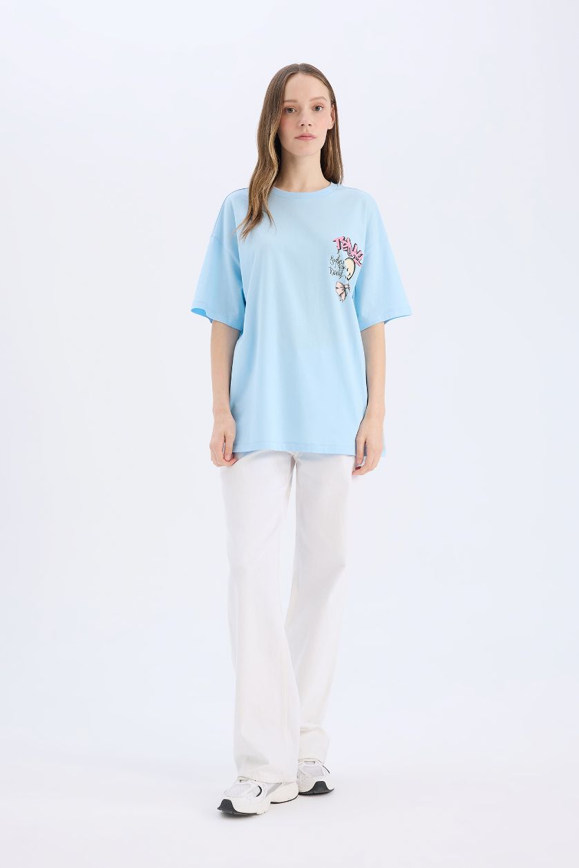 Kadın Açık Mavi SmileyWorld Oversize Geniş Kalıp Bisiklet Yaka Sırt Baskılı Kısa Kollu Tişört