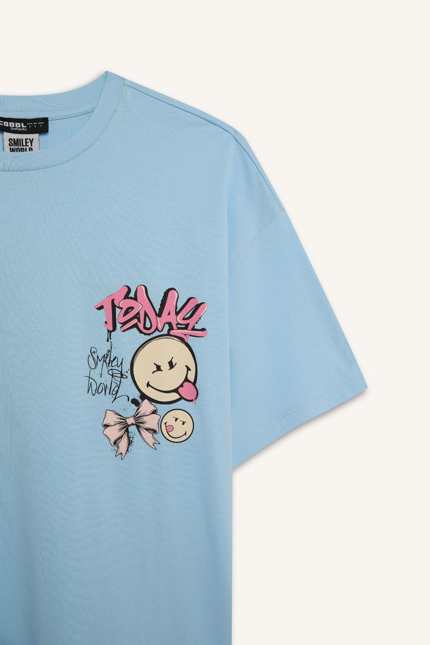 Kadın Açık Mavi SmileyWorld Oversize Geniş Kalıp Bisiklet Yaka Sırt Baskılı Kısa Kollu Tişört