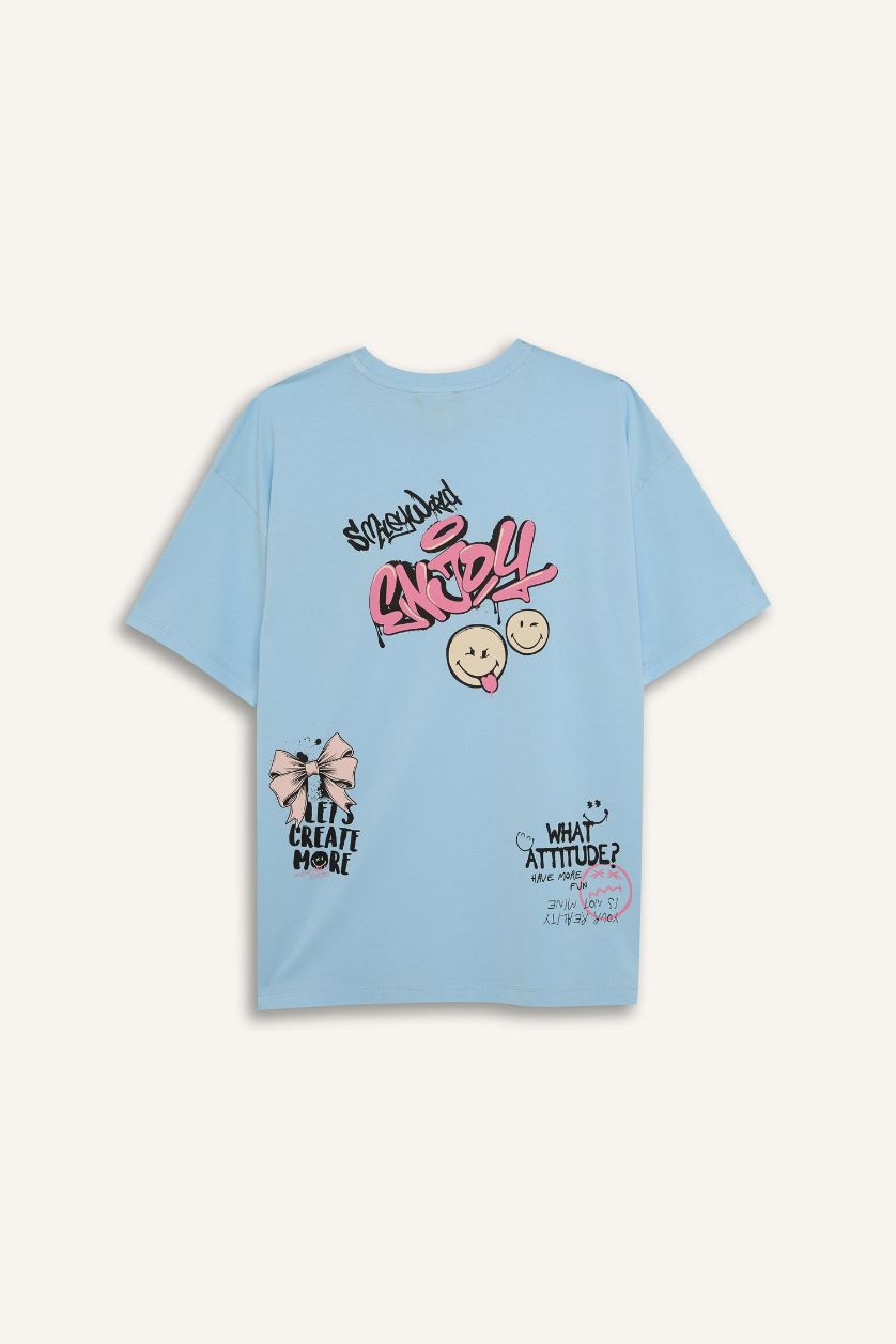 Kadın Açık Mavi SmileyWorld Oversize Geniş Kalıp Bisiklet Yaka Sırt Baskılı Kısa Kollu Tişört