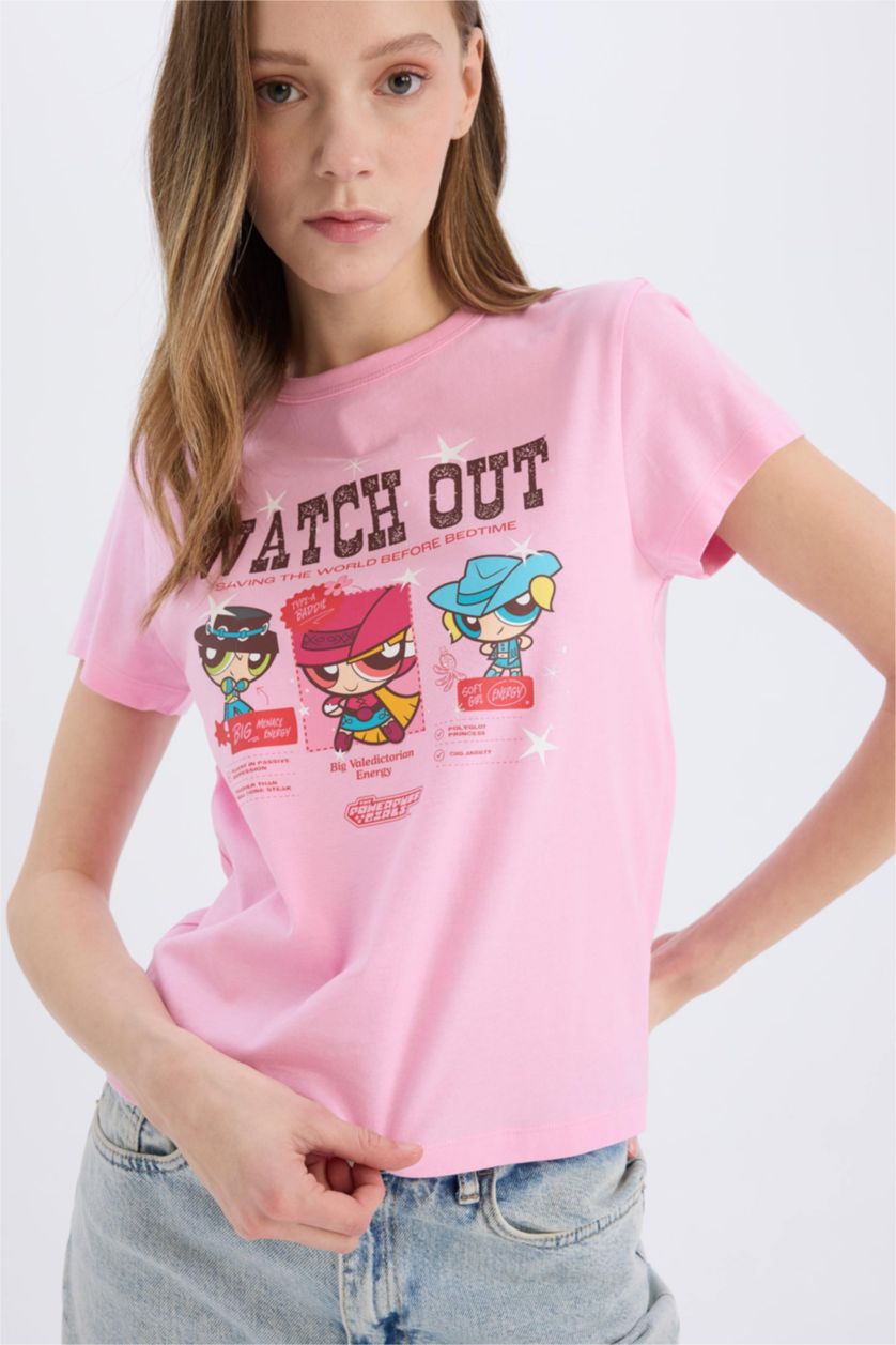 FEMME Rose Clair T-shirt imprimé PowerPuff Girls à col rond