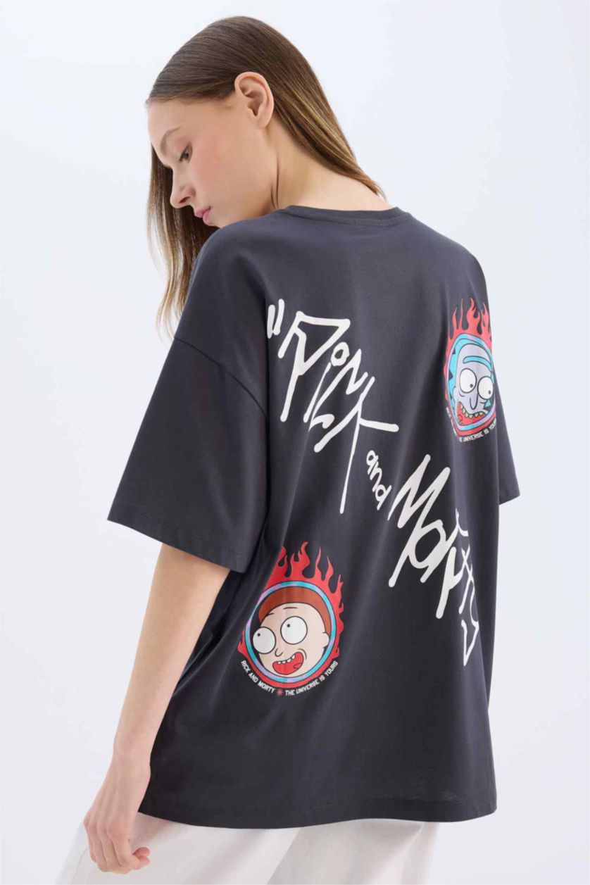 Kadın Antrasit Rick and Morty Oversize Geniş Kalıp Bisiklet Yaka Sırt Baskılı Kısa Kollu Tişört