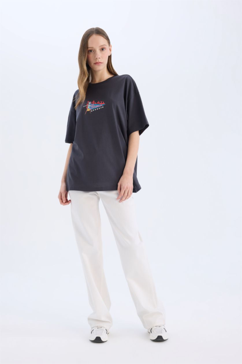 Kadın Antrasit Rick and Morty Oversize Geniş Kalıp Bisiklet Yaka Sırt Baskılı Kısa Kollu Tişört