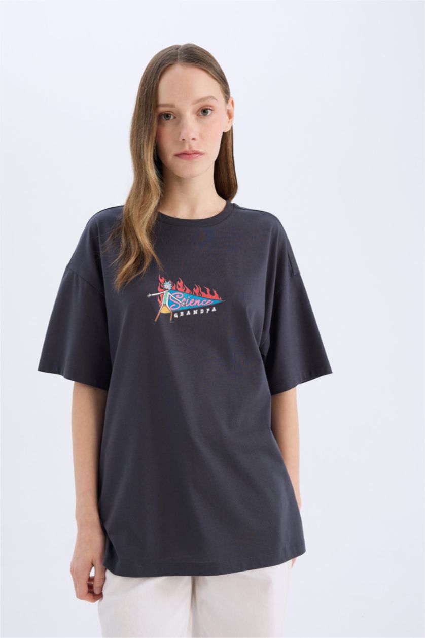 Kadın Antrasit Rick and Morty Oversize Geniş Kalıp Bisiklet Yaka Sırt Baskılı Kısa Kollu Tişört