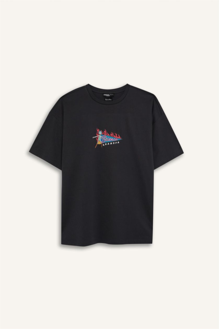 Kadın Antrasit Rick and Morty Oversize Geniş Kalıp Bisiklet Yaka Sırt Baskılı Kısa Kollu Tişört