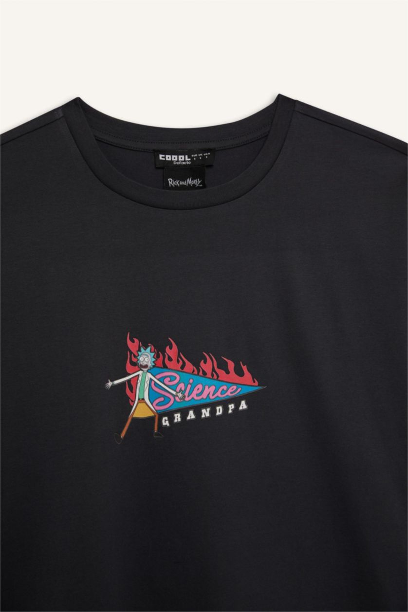 Kadın Antrasit Rick and Morty Oversize Geniş Kalıp Bisiklet Yaka Sırt Baskılı Kısa Kollu Tişört