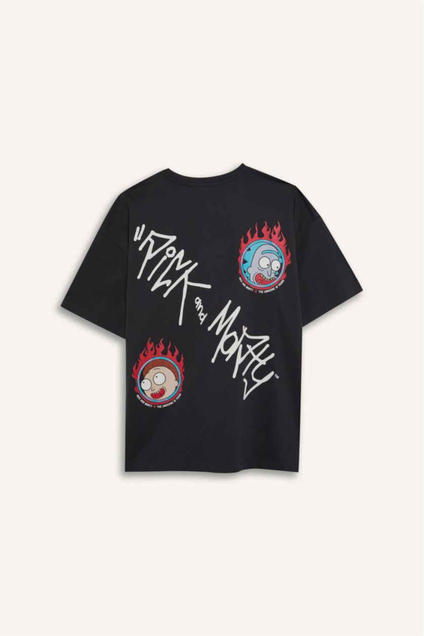 Kadın Antrasit Rick and Morty Oversize Geniş Kalıp Bisiklet Yaka Sırt Baskılı Kısa Kollu Tişört