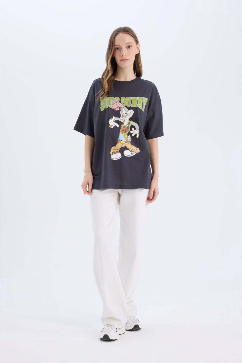 Kadın Antrasit Looney Tunes Oversize Geniş Kalıp Bisiklet Yaka Kısa Kollu Tişört