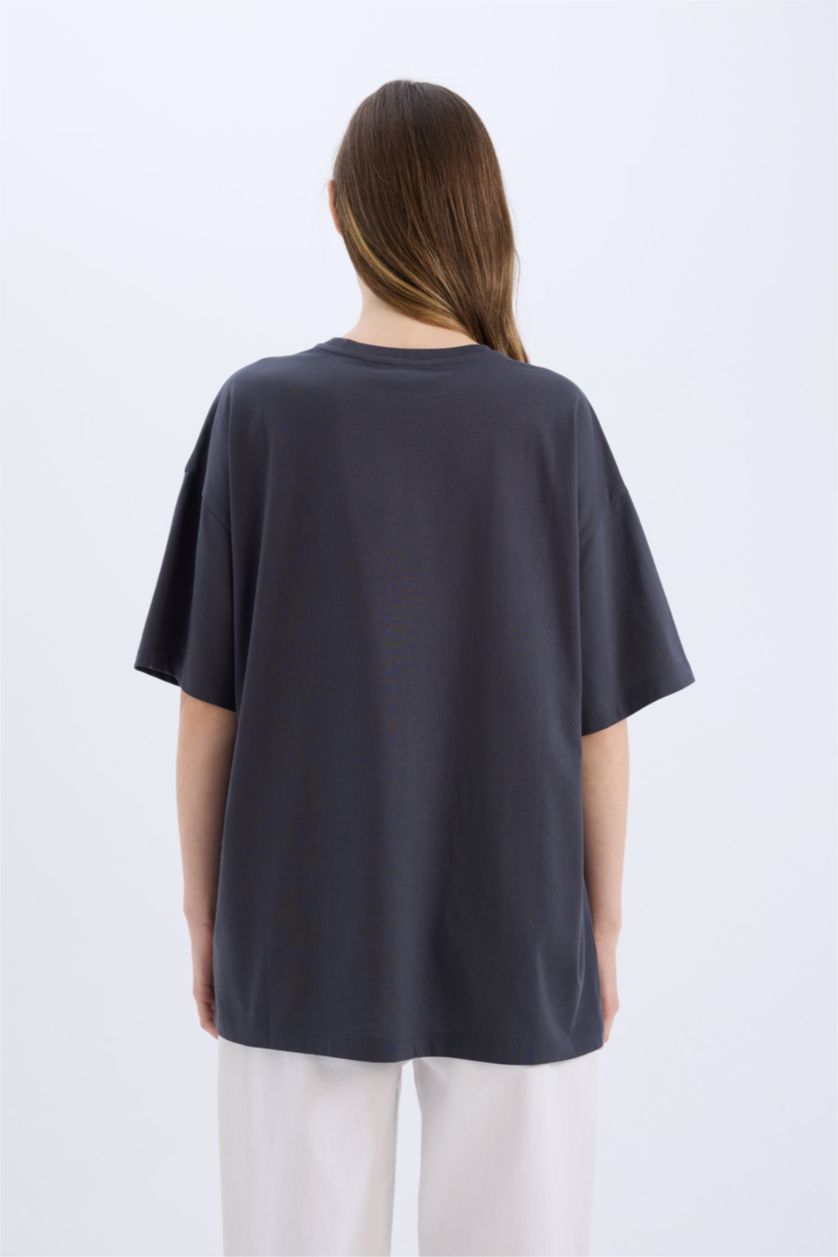 Kadın Antrasit Looney Tunes Oversize Geniş Kalıp Bisiklet Yaka Kısa Kollu Tişört