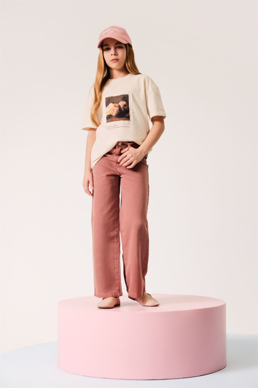 Kız Çocuk - Genç Kız Açık Kahve %100 Pamuk Wide Leg Geniş Paça Pamuklu Pantolon Kız Çocuk