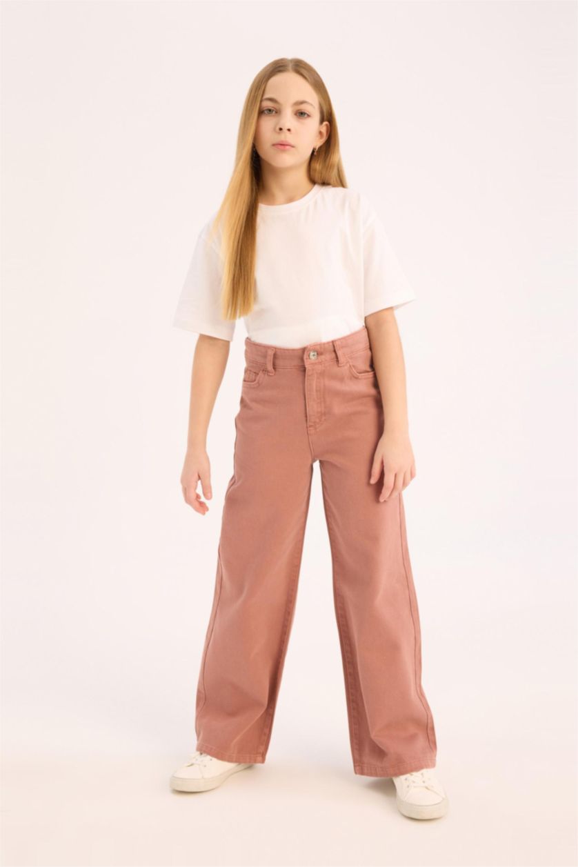 Kız Çocuk - Genç Kız Açık Kahve %100 Pamuk Wide Leg Geniş Paça Pamuklu Pantolon Kız Çocuk