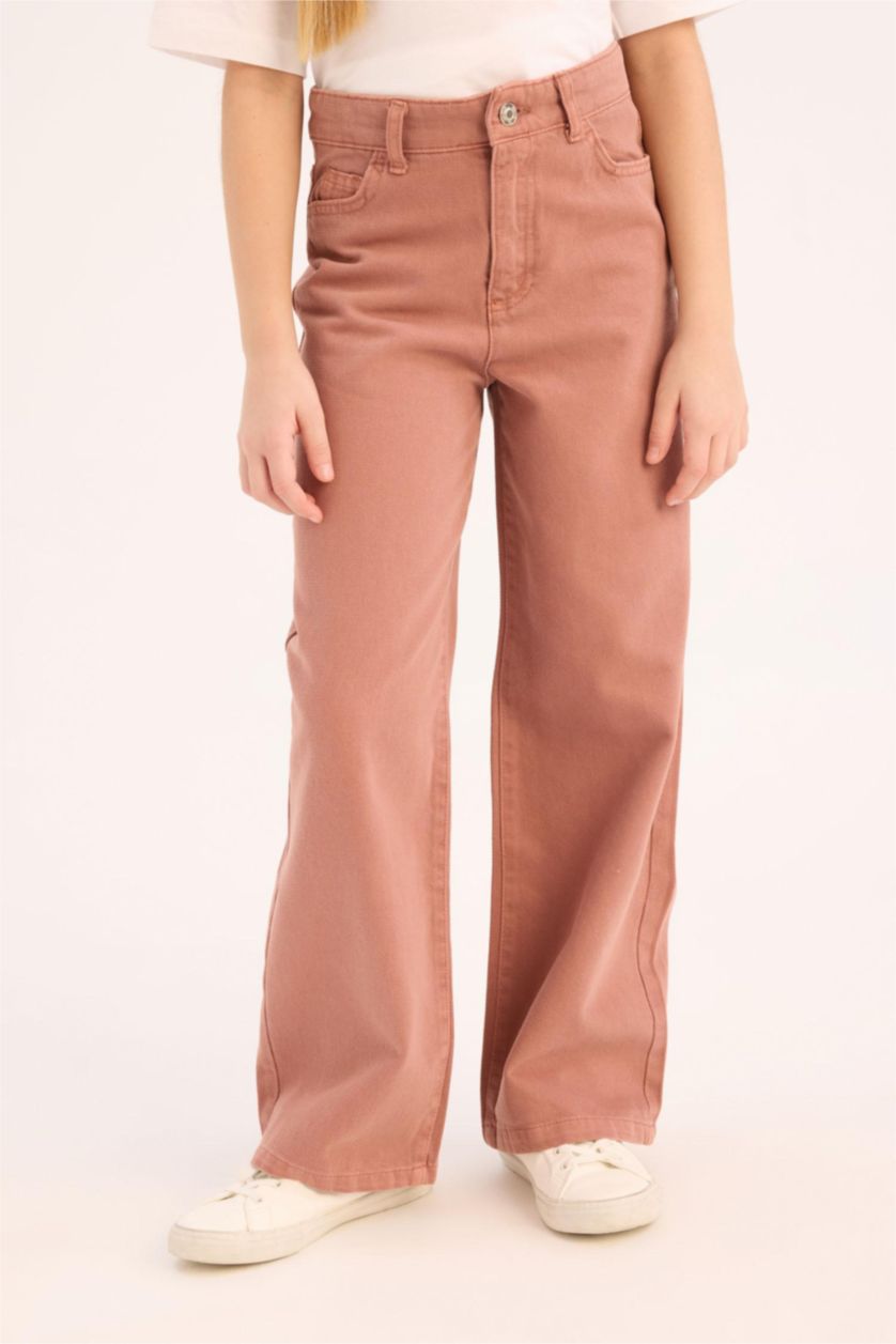 Kız Çocuk - Genç Kız Açık Kahve %100 Pamuk Wide Leg Geniş Paça Pamuklu Pantolon Kız Çocuk
