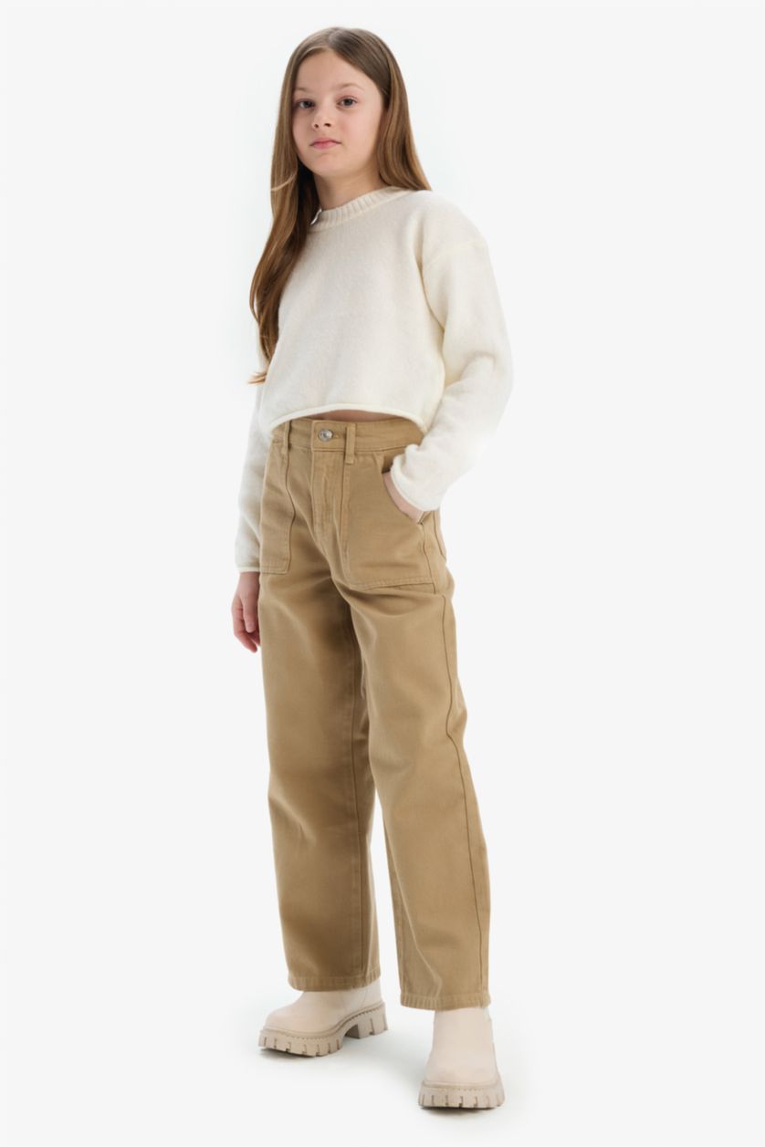 Kız Çocuk - Genç Kız Bej %100 Pamuk Wide Leg Geniş Paça Pamuklu Pantolon Kız Çocuk