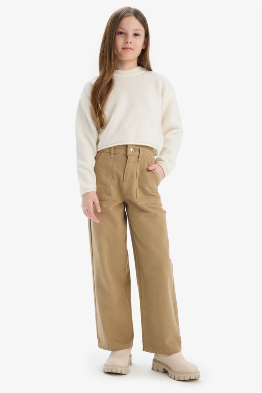 Kız Çocuk - Genç Kız Bej %100 Pamuk Wide Leg Geniş Paça Pamuklu Pantolon Kız Çocuk