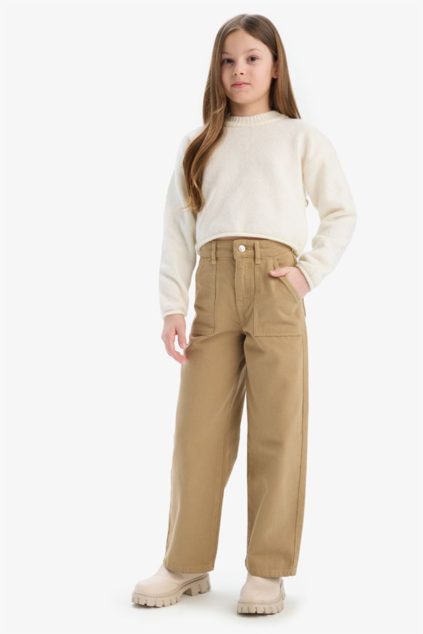 Kız Çocuk - Genç Kız Bej %100 Pamuk Wide Leg Geniş Paça Pamuklu Pantolon Kız Çocuk