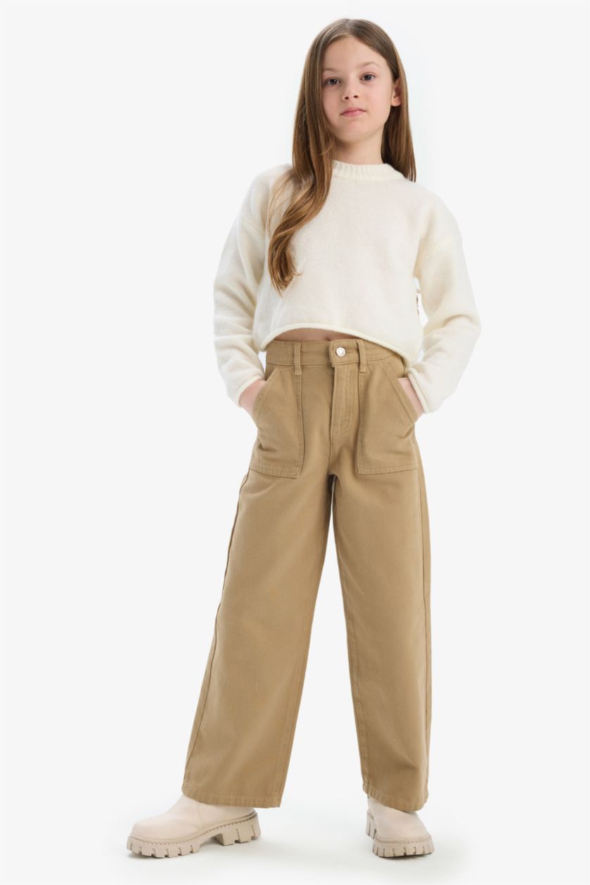 Kız Çocuk - Genç Kız Bej %100 Pamuk Wide Leg Geniş Paça Pamuklu Pantolon Kız Çocuk
