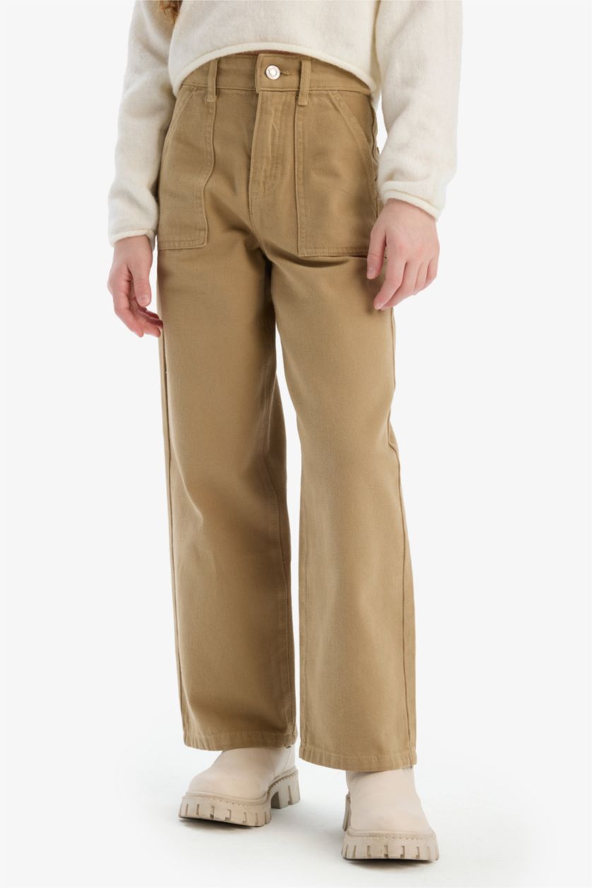 Kız Çocuk - Genç Kız Bej %100 Pamuk Wide Leg Geniş Paça Pamuklu Pantolon Kız Çocuk
