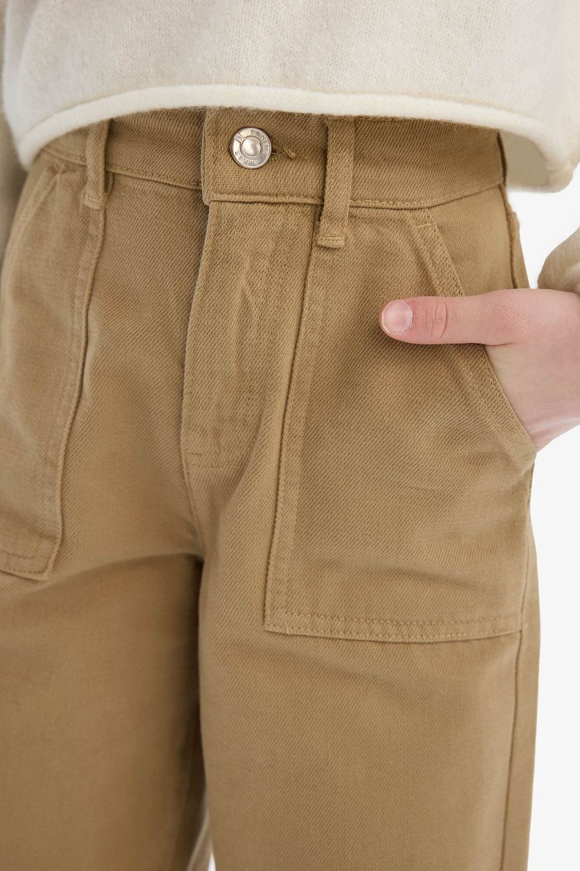 Kız Çocuk - Genç Kız Bej Wide Leg Geniş Paça Pamuklu Pantolon Kız Çocuk