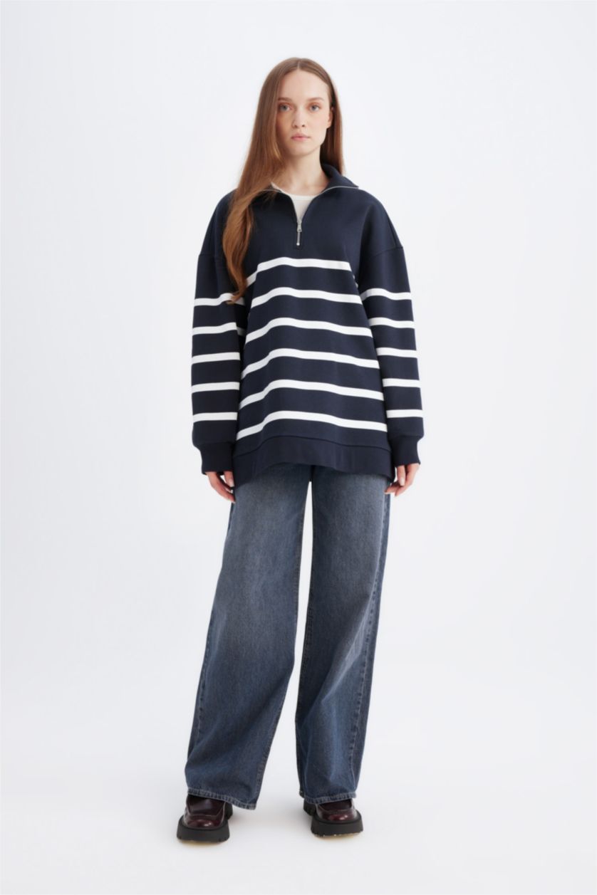 Kadın Lacivert Relax Fit Polo Yaka Çizgili İçi Yumuşak Tüylü Kalın Sweatshirt Tunik