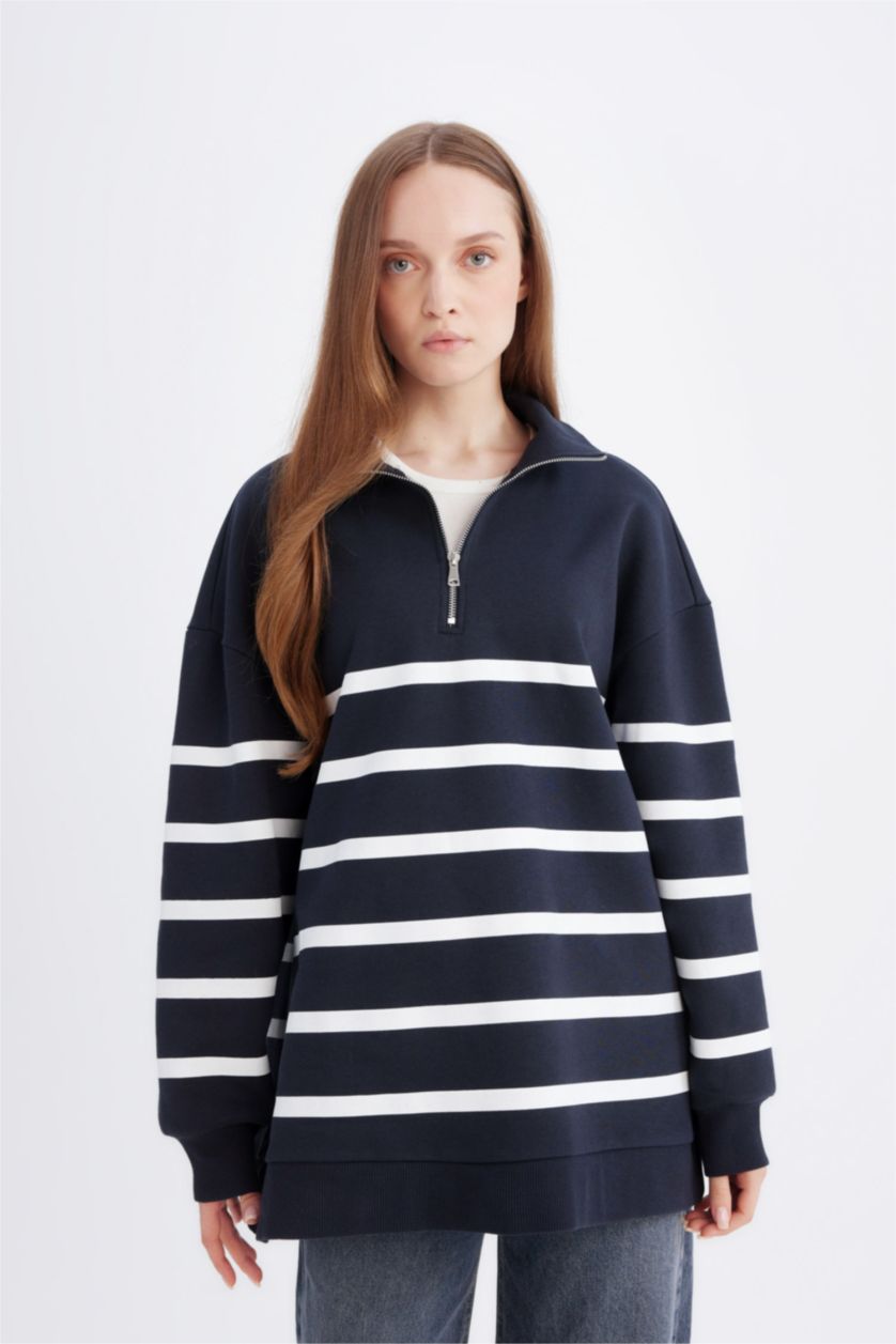 Kadın Lacivert Relax Fit Polo Yaka Çizgili İçi Yumuşak Tüylü Kalın Sweatshirt Tunik