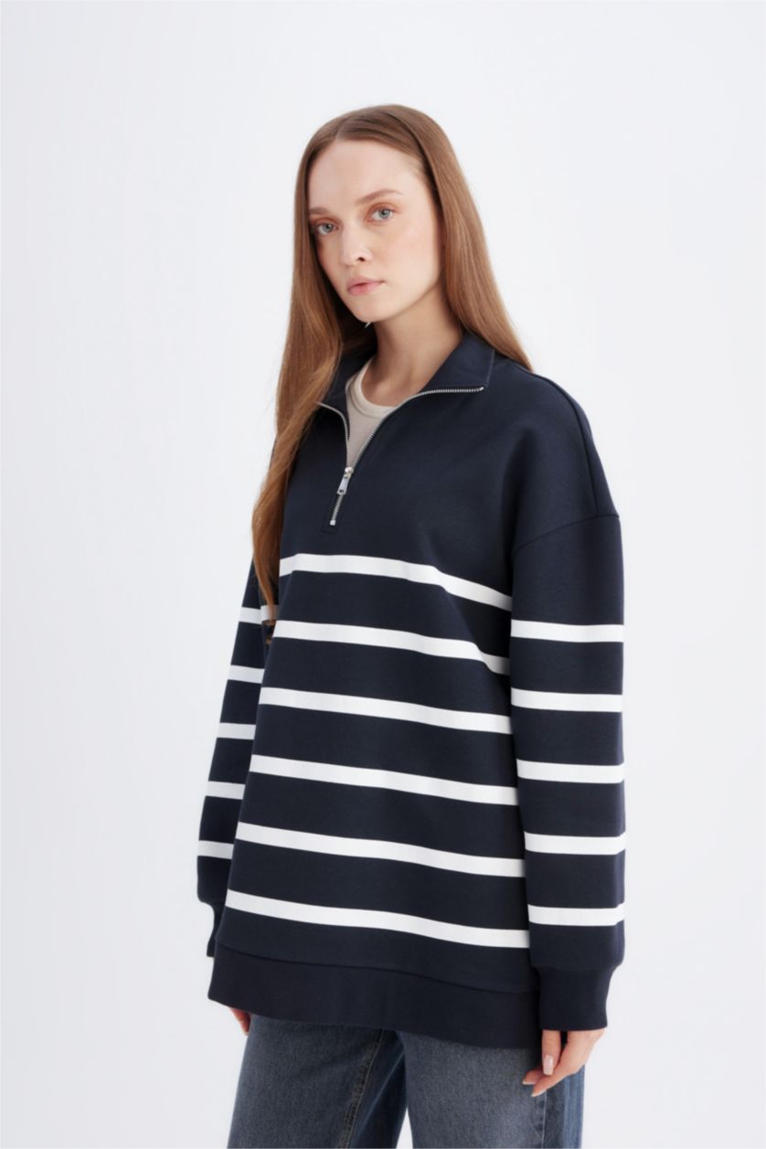 Kadın Lacivert Relax Fit Polo Yaka Çizgili İçi Yumuşak Tüylü Kalın Sweatshirt Tunik