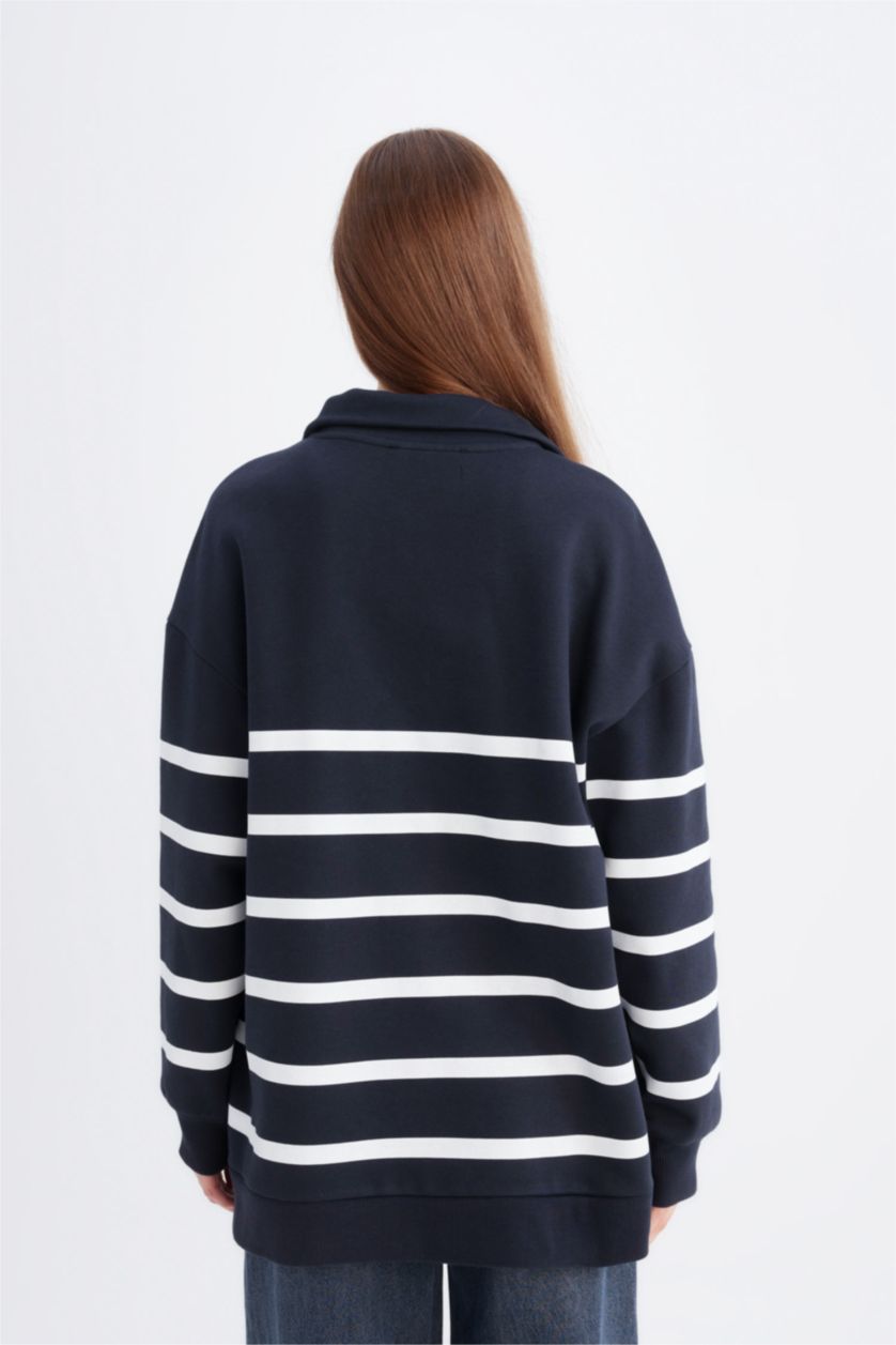 Kadın Lacivert Relax Fit Polo Yaka Çizgili İçi Yumuşak Tüylü Kalın Sweatshirt Tunik