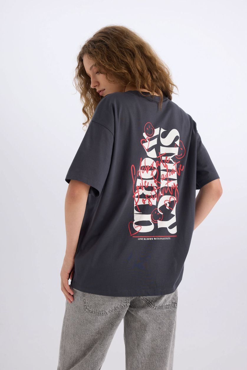 WOMAN Anthracite SmileyWorld Oversize Fit Crew Neck Back Printed T-Shirt