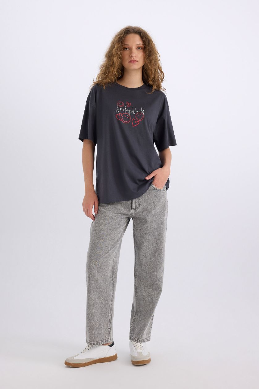 WOMAN Anthracite SmileyWorld Oversize Fit Crew Neck Back Printed T-Shirt