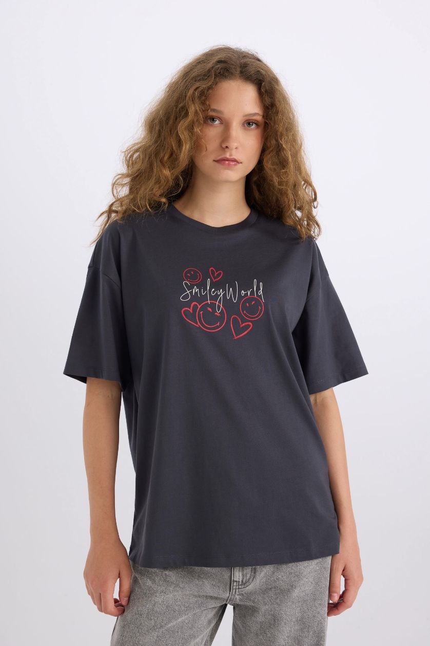 WOMAN Anthracite SmileyWorld Oversize Fit Crew Neck Back Printed T-Shirt