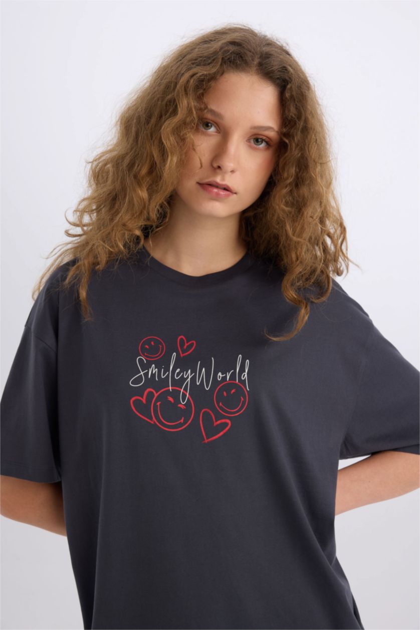 WOMAN Anthracite SmileyWorld Oversize Fit Crew Neck Back Printed T-Shirt