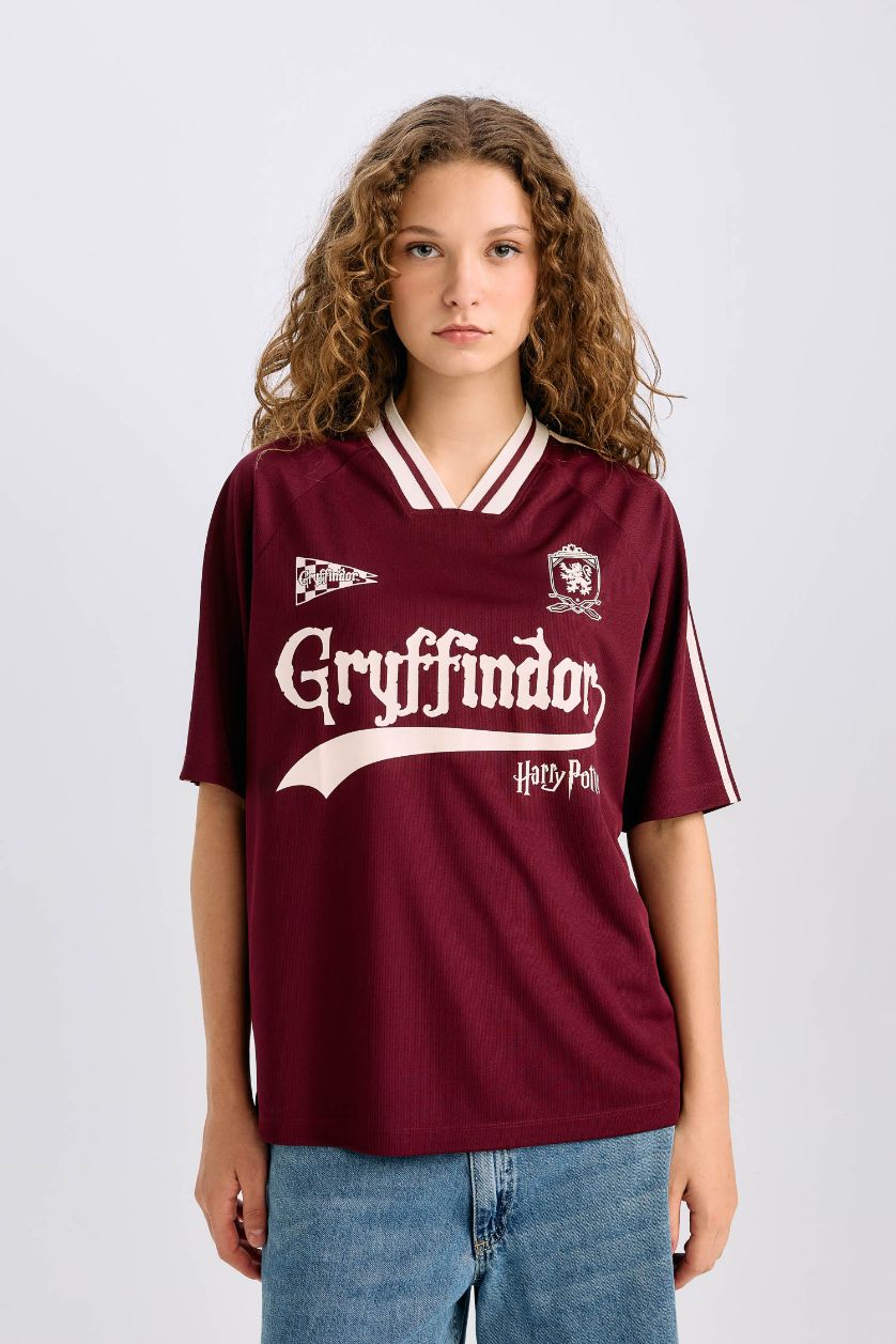 Женщины Бордовый Футболка оверсайз с V-образным вырезом и принтом Harry Potter