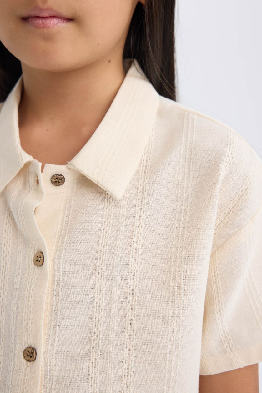 Kız Çocuk - Genç Kız Taş Cropped Fit Keten Kısa Kollu Gömlek Kız Çocuk