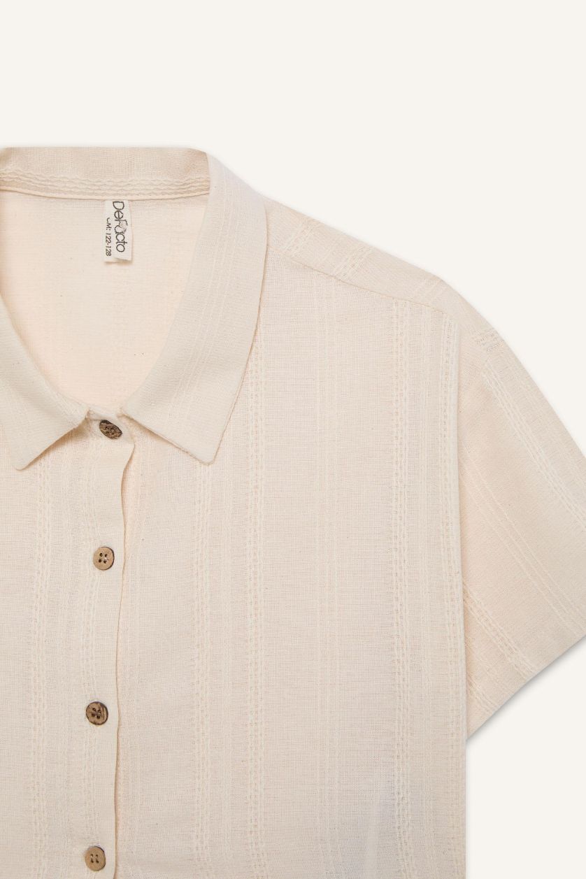 Kız Çocuk - Genç Kız Taş Cropped Fit Keten Kısa Kollu Gömlek Kız Çocuk