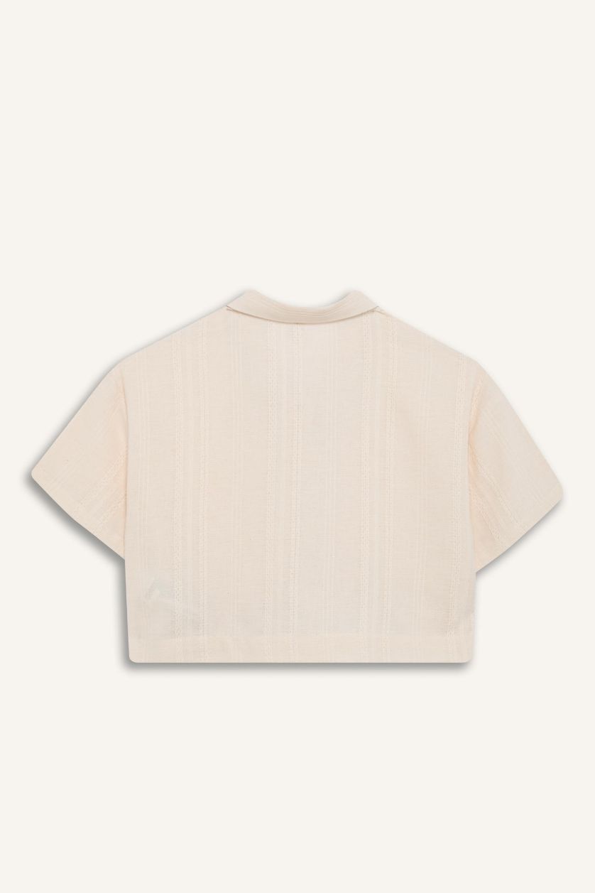 Kız Çocuk - Genç Kız Taş Cropped Fit Keten Kısa Kollu Gömlek Kız Çocuk