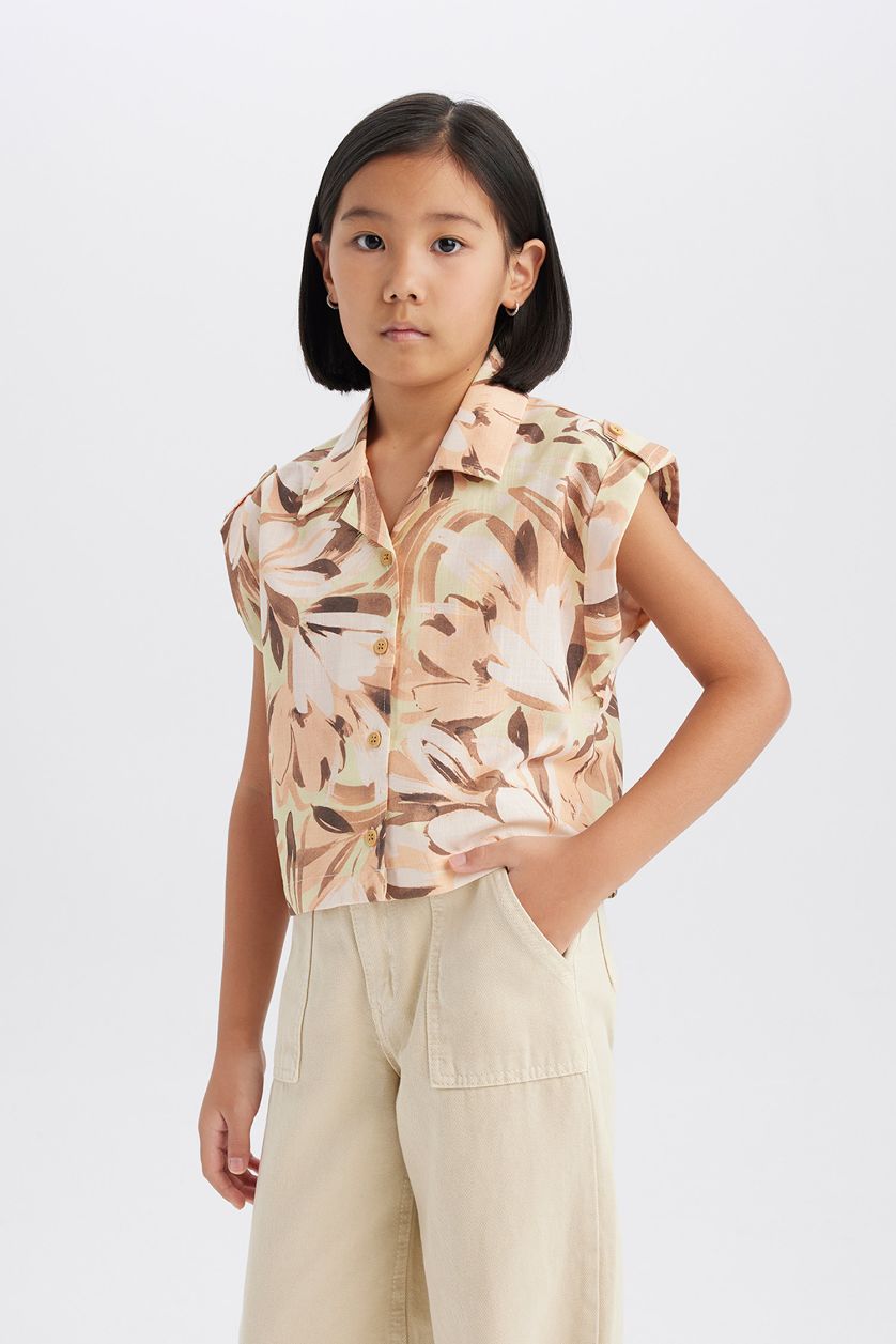 Kız Çocuk - Genç Kız Ekru Crop Desenli Pamuklu Kısa Kollu Gömlek Kız Çocuk