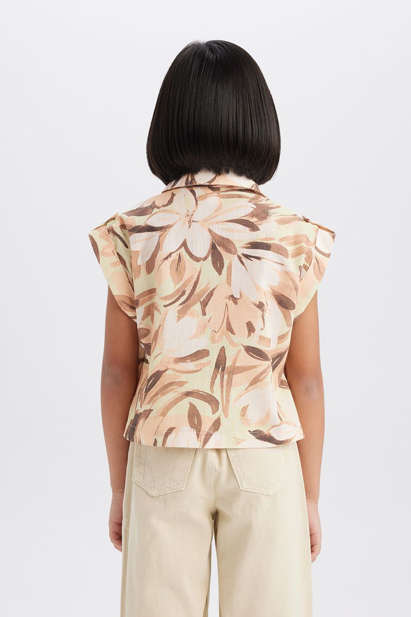 Kız Çocuk - Genç Kız Ekru Crop Desenli Pamuklu Kısa Kollu Gömlek Kız Çocuk