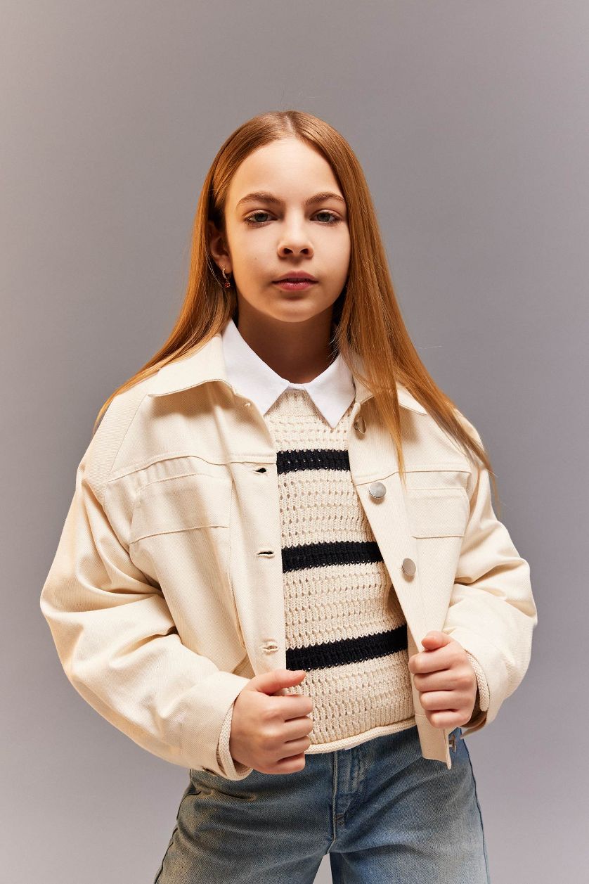 Kız Çocuk - Genç Kız Ekru Crop Pamuklu Uzun Kollu Gömlek Ceket Kız Çocuk