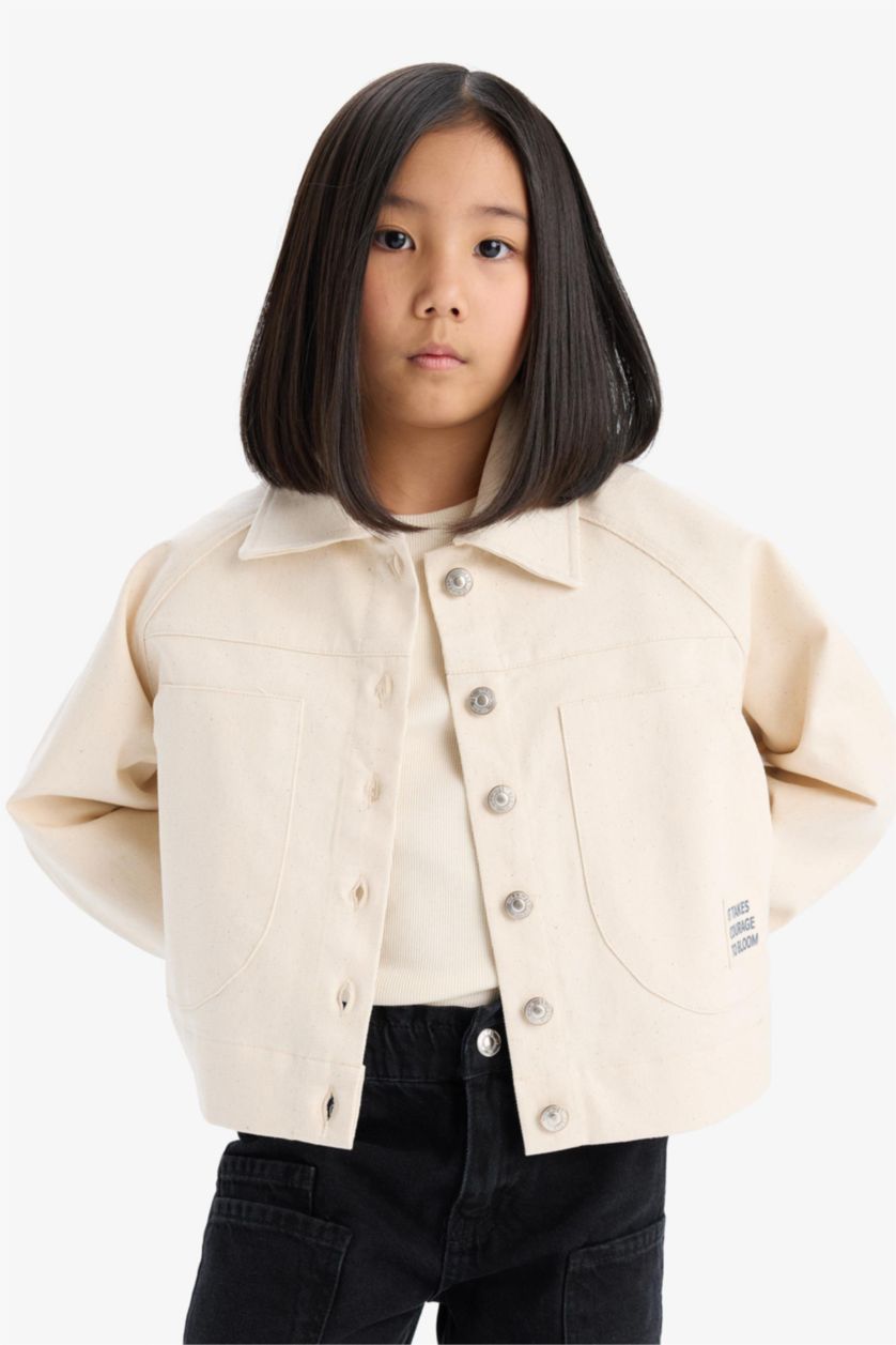 Kız Çocuk - Genç Kız Ekru Crop Pamuklu Uzun Kollu Gömlek Ceket Kız Çocuk