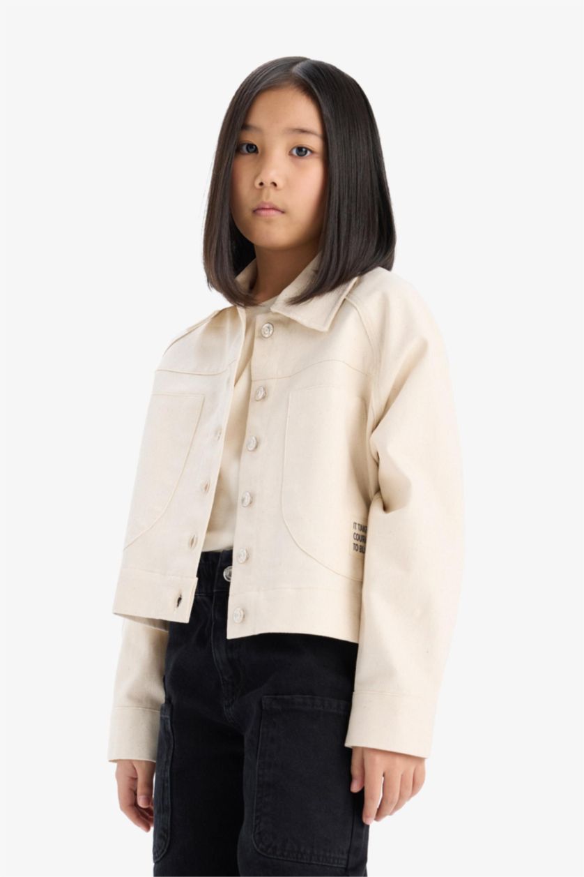 Kız Çocuk - Genç Kız Ekru Crop Pamuklu Uzun Kollu Gömlek Ceket Kız Çocuk