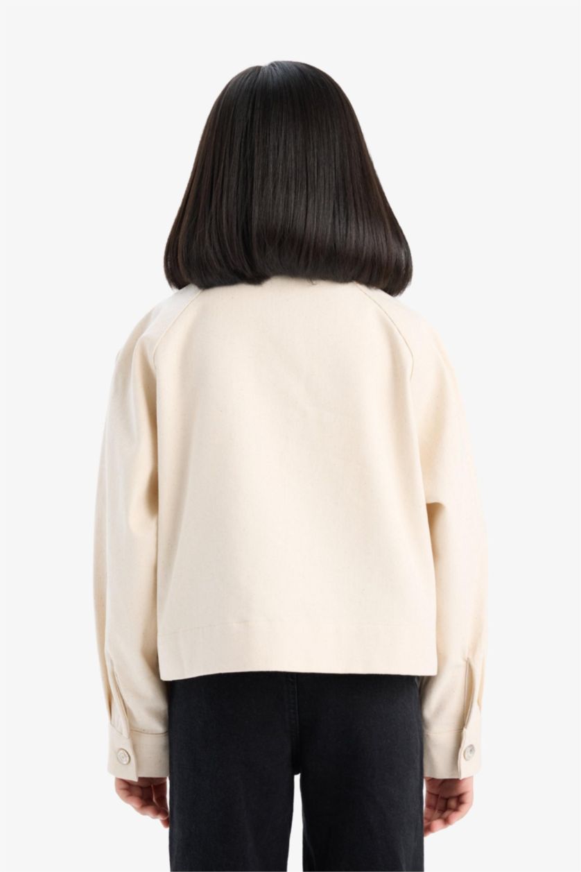 Kız Çocuk - Genç Kız Ekru Crop Pamuklu Uzun Kollu Gömlek Ceket Kız Çocuk