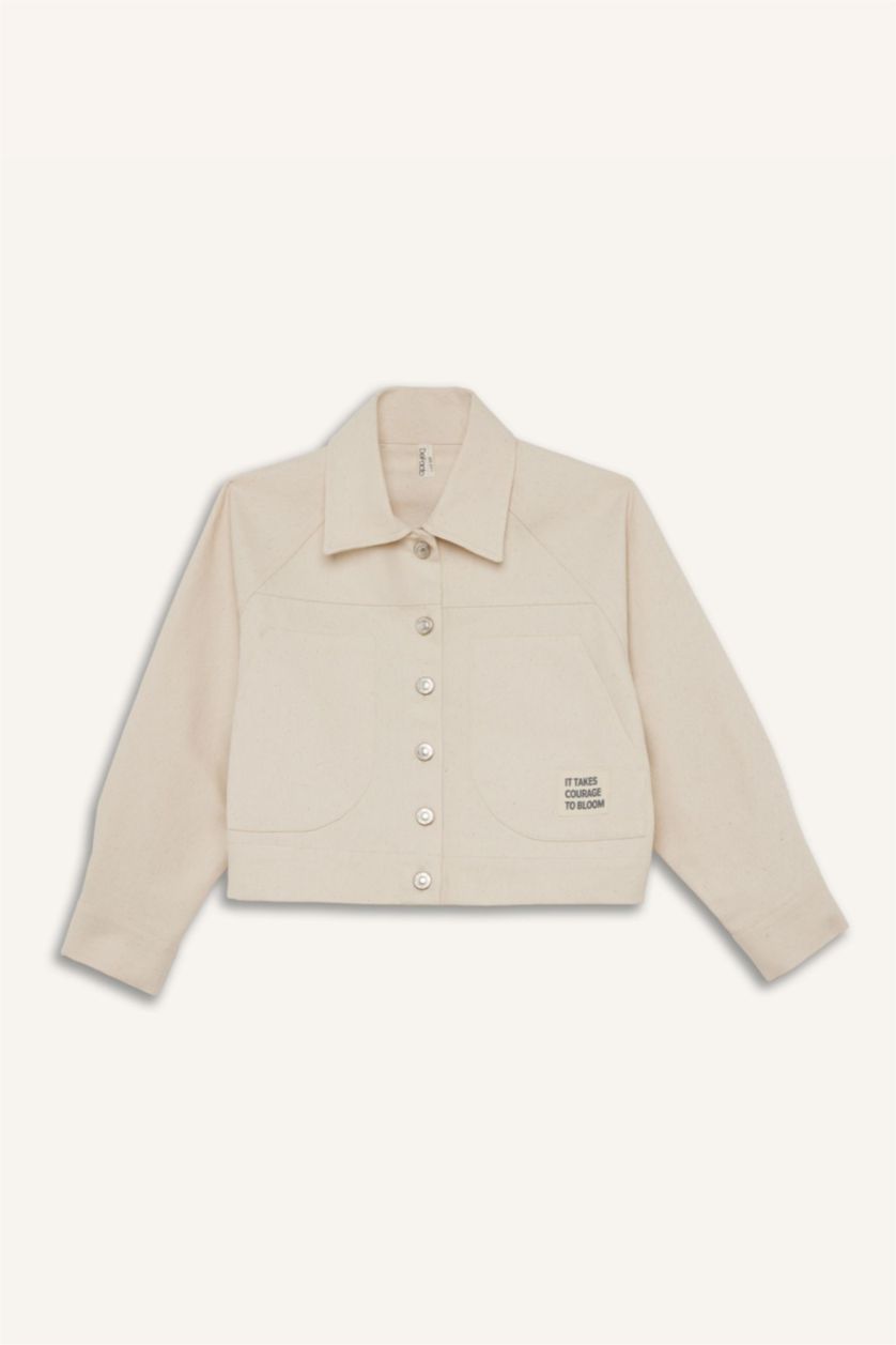 Kız Çocuk - Genç Kız Ekru Crop Pamuklu Uzun Kollu Gömlek Ceket Kız Çocuk