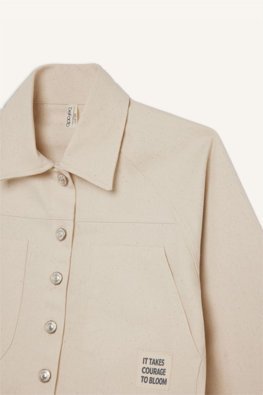 Kız Çocuk - Genç Kız Ekru Crop Pamuklu Uzun Kollu Gömlek Ceket Kız Çocuk