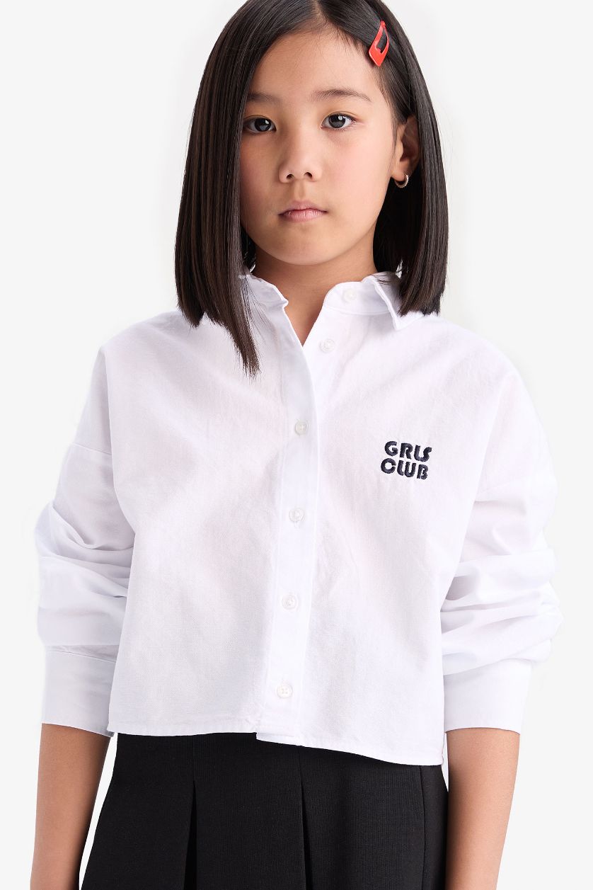 Kız Çocuk - Genç Kız Beyaz Cropped Fit Oxford Uzun Kollu Gömlek Kız Çocuk
