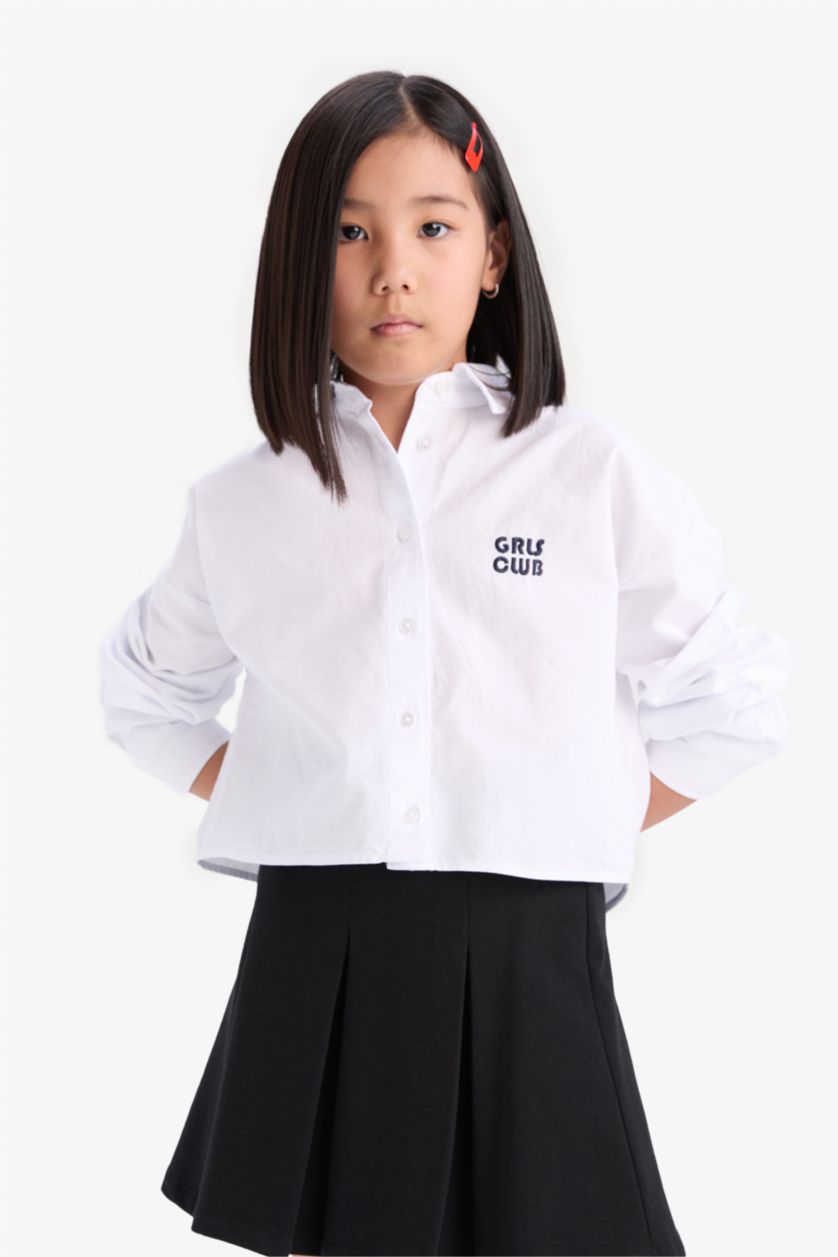 Kız Çocuk - Genç Kız Beyaz Cropped Fit Oxford Uzun Kollu Gömlek Kız Çocuk