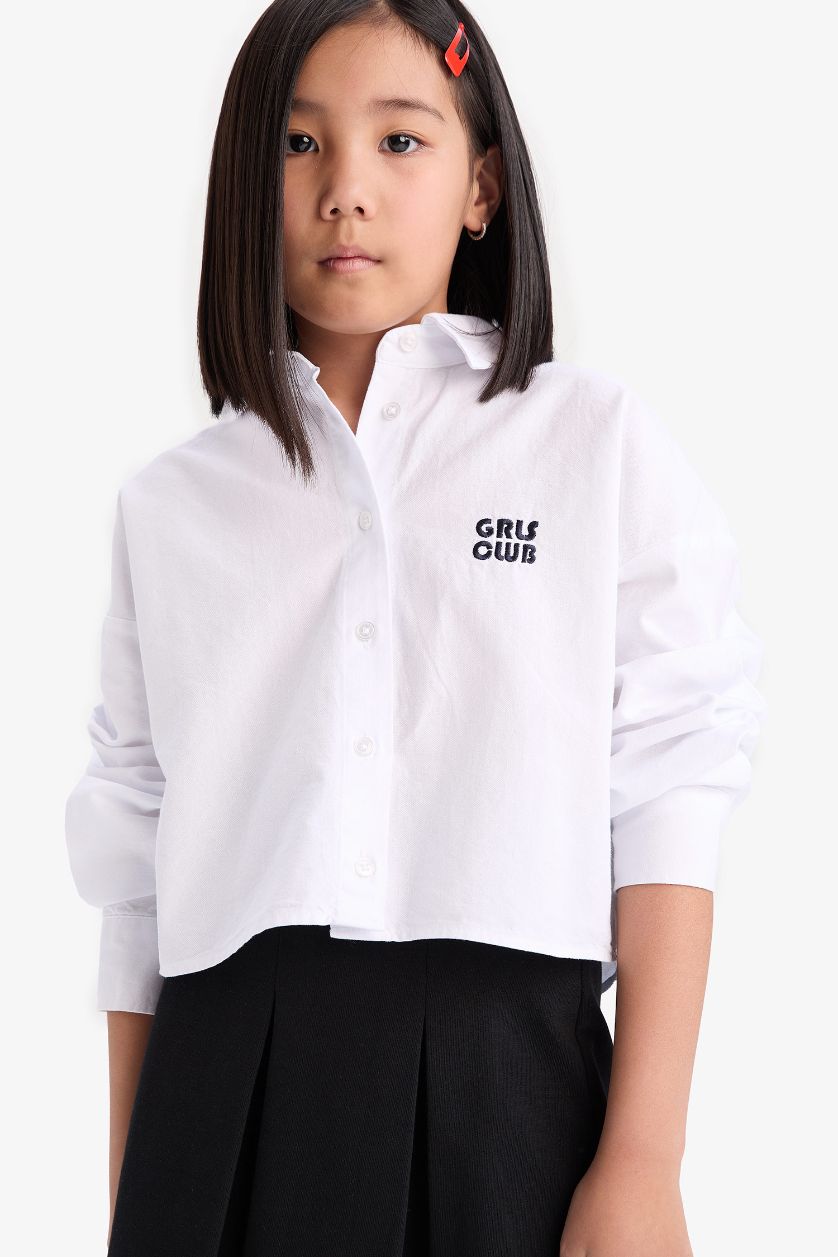 Kız Çocuk - Genç Kız Beyaz Cropped Fit Oxford Uzun Kollu Gömlek Kız Çocuk