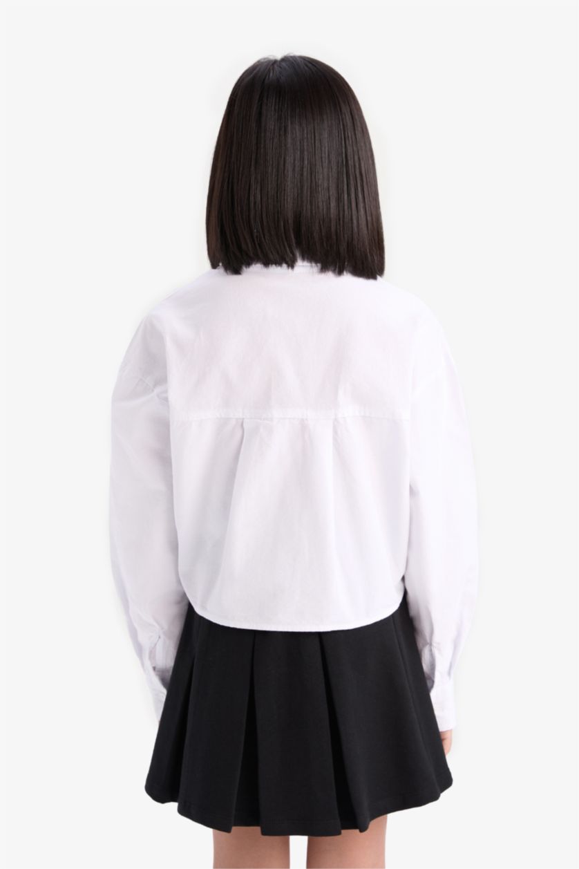 Kız Çocuk - Genç Kız Beyaz Cropped Fit Oxford Uzun Kollu Gömlek Kız Çocuk