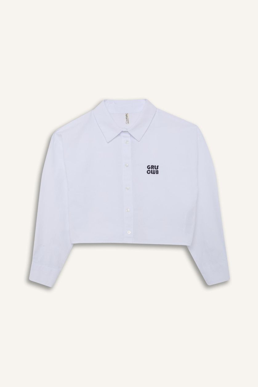 Kız Çocuk - Genç Kız Beyaz Cropped Fit Oxford Uzun Kollu Gömlek Kız Çocuk