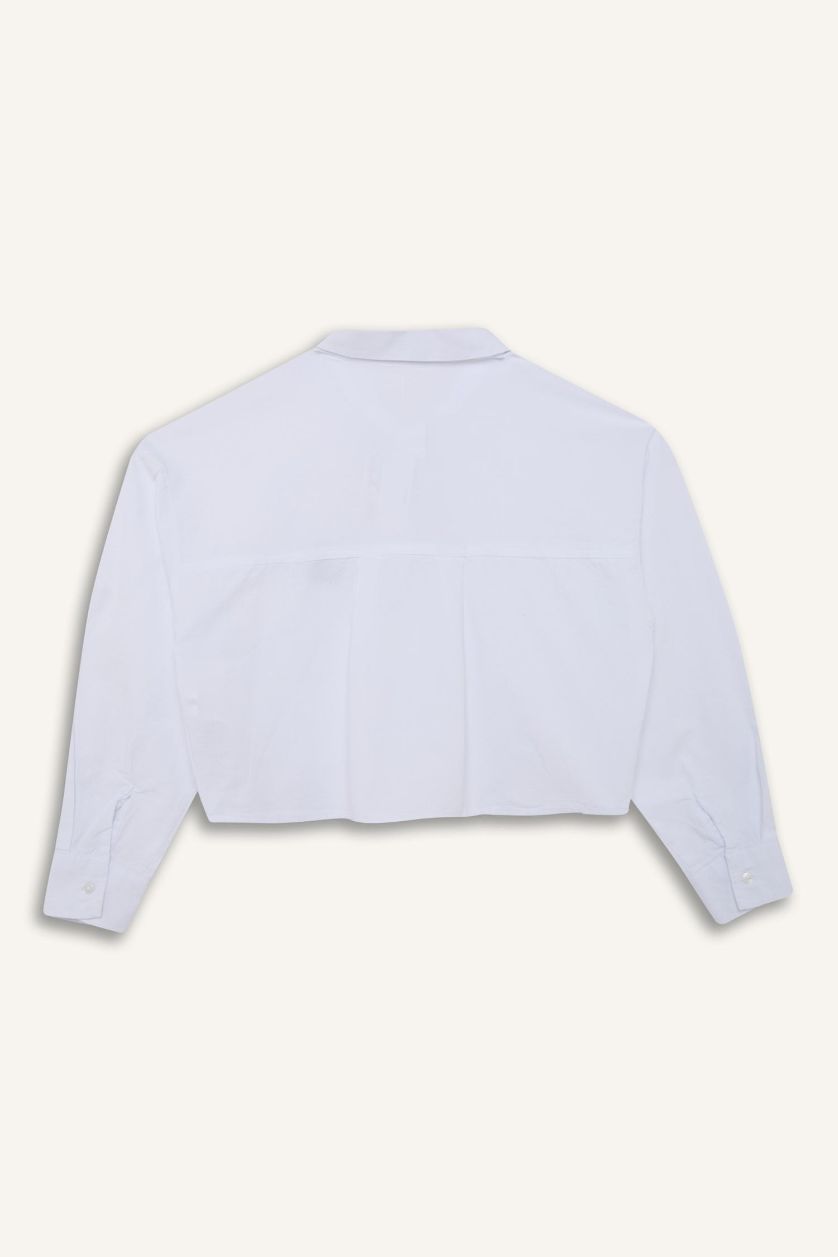 Kız Çocuk - Genç Kız Beyaz Cropped Fit Oxford Uzun Kollu Gömlek Kız Çocuk