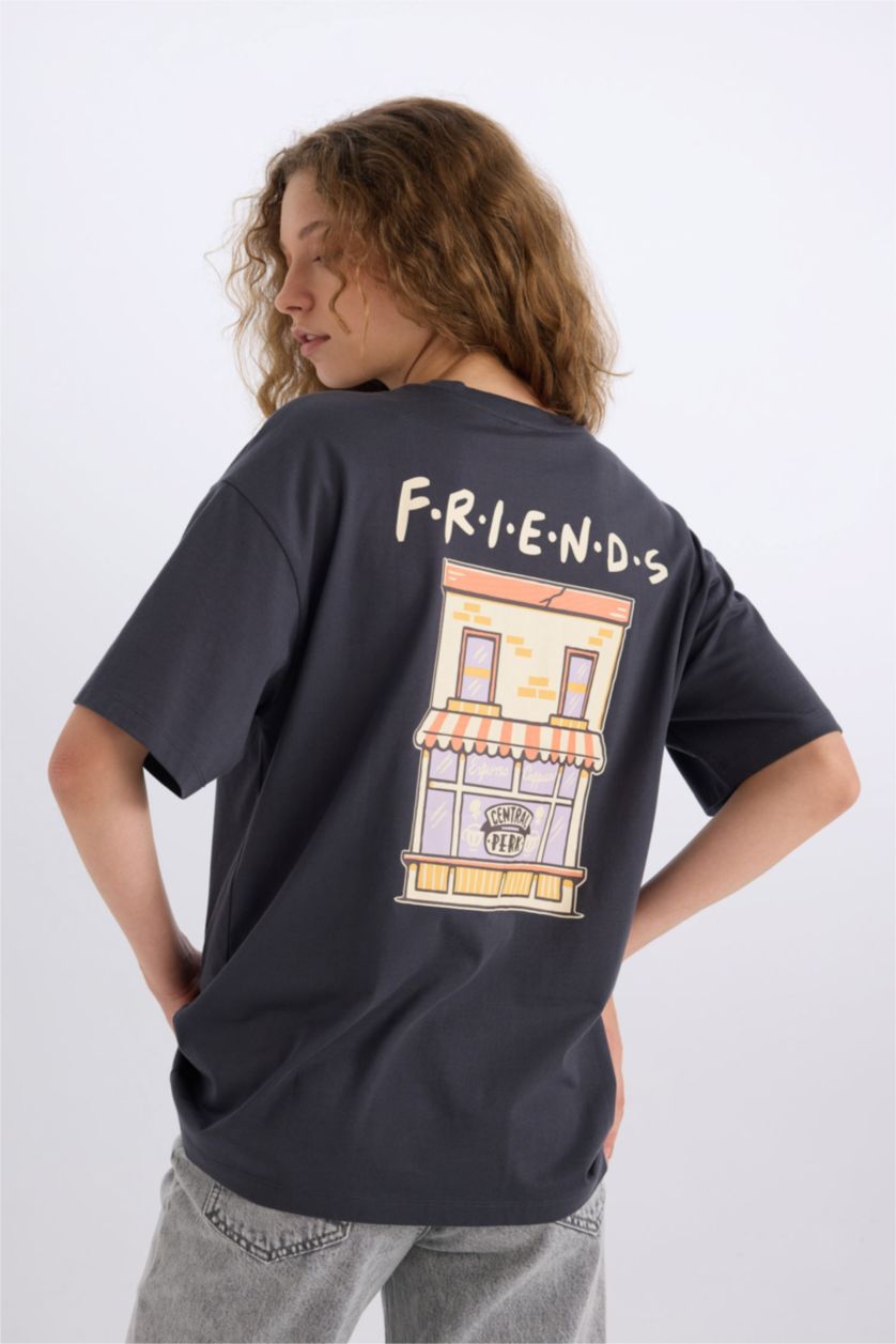 Kadın Antrasit Sömestr Friends Oversize Geniş Kalıp Bisiklet Yaka Sırt Baskılı Kısa Kollu Tişört